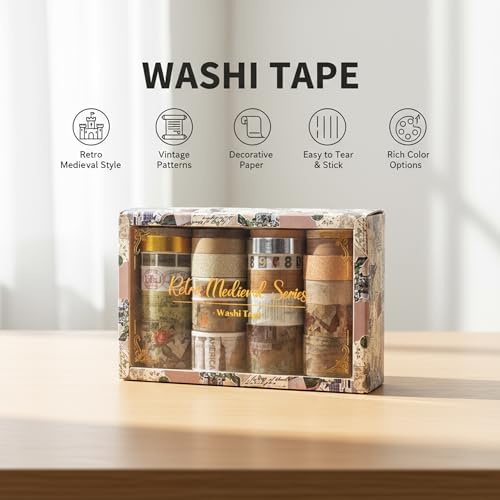 Washi Tape Set, 24 Rolls Vintage Washi Stickers, Assorted Sizes, for Junk Journal Scrapbook Tape, Bullet Journaling Scrapbooking Supplies, Planner Sticker DIY Craft DéCor (Brown)
