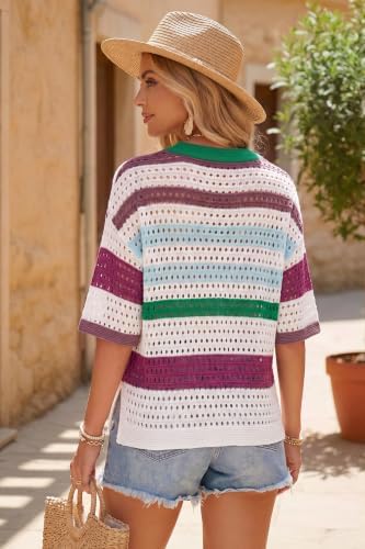 Arach&Cloz Women's Linen Blend Oversized Hollow Out Summer Crochet Tops