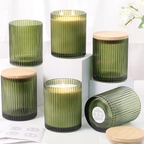 14OZ Olive Green Glass Candle Jars for Making Candles, 6 Pack - Empty Candle Jars Bulk with Bamboo Lids and Accessories, Ribbed Candle Vessels Containers for Candle Making