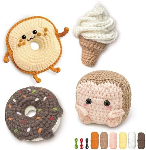 YAMAXIN Crochet Kit for Beginners, Beginner Crochet Kits with Step-by-Step Video Tutorials, Crochet Starter Kit for Adults with Yarn Sets (4pc Butter Toast, Bread, Doughnuts, ice Cream)