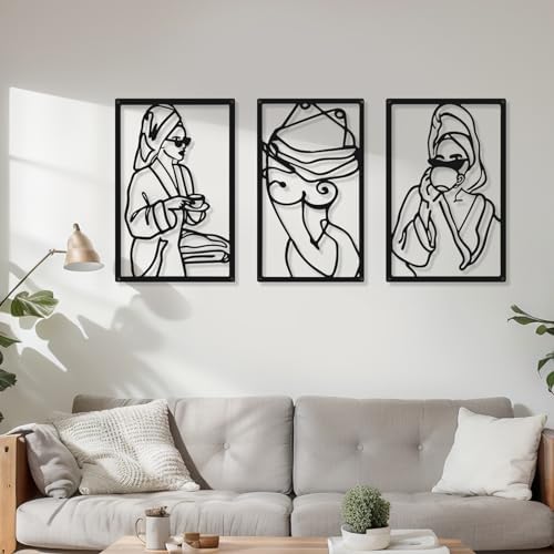 CHENGU 3 Pieces Metal Minimalist Abstract Woman Wall Art Line Drawing Wall Art Decor Single Line Female Home Hanging for Kitchen Bathroom Living Room