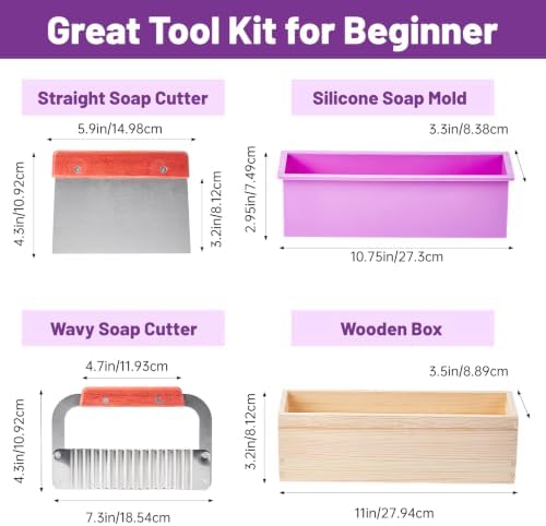 Soap Molds Kit, 42 oz Silicone Soap Loaf Mold with Wooden Box, Soap Making Kit for Homemade Soap and Crafts (Purple, 2 Silicone Mold and Wood Box)