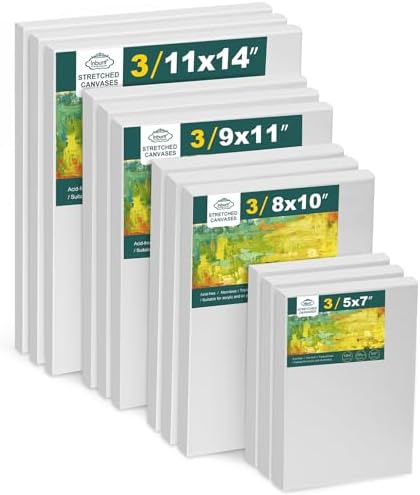 Inburit 12 PCS Multi Size Stretched Blank Canvas for Acrylic & Oil Painting | 12 Pack Canvas Boards for Painting, Art Supplies Paint Canvas, 5x7, 8x10, 9x12, and 11x14 inches (3 of each)