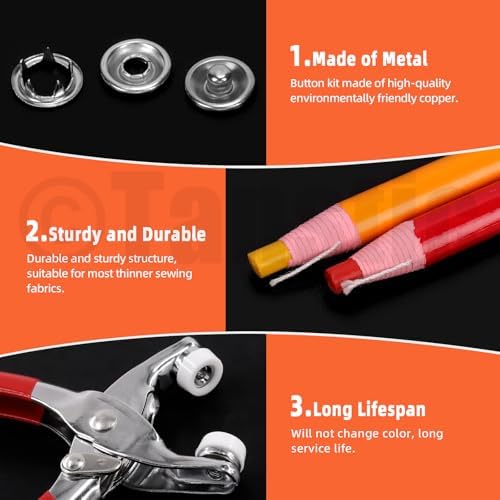 Tanstic 407Pcs (100 Sets) Snaps Buttons with Fastener Pliers Press Tool Kit, 9.5mm Silver Metal Snap Fasteners with Fastener Pliers, Punch, Soft Ruler, Peel-Off China Marker for Sewing (Hollow)