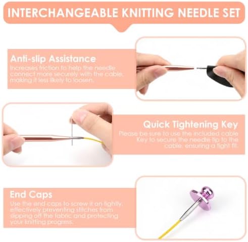 Interchangeable Circular Knitting Needles Set Premium Aluminum Knitting Kit 13 Pairs of 4 Inch with 4 Cables, Accessories and Storage Bag Rose Gold