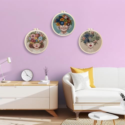 Huacan Embroidery Kit for Adults Beginners with 3 Hoops & Gift Box