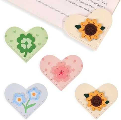 VYRANA 4Pcs Leather Heart Bookmarks - Cute Corner Book Marks Sets for Reading, Floral Read Lover Gifts for Women Men Kids Girl Readers, Pretty Book Markers for Reading, Aesthetic Gifts for Planner