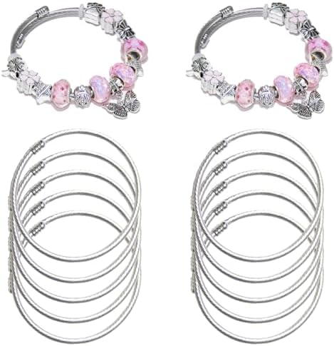 Exway 10 Pcs Elastic charm Bracelet chain Stainless Steel Cable Wire Twisted Cuff Bangle Bracelet Sliver charm Bracelets Kit for Crafts DIY Women Jewelry Making