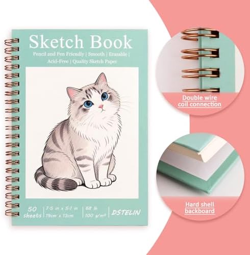 DSTELIN 2 Pack Hardcover Sketchbooks (100 GSM Sketch Paper), 7.5x5.1 Inch Spiral Sketch Book for Sketching, Drawing, Painting, 50 Sheets per Pack, Pink and Green