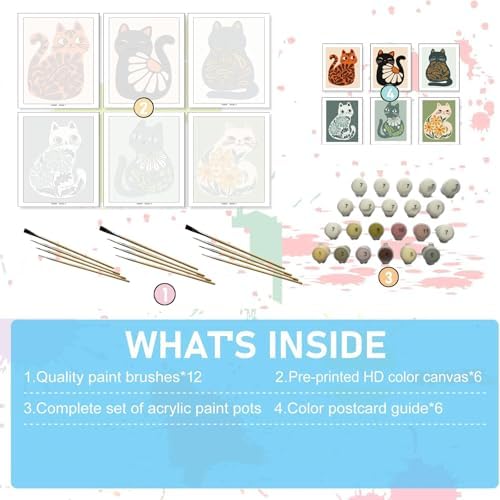 Jethami 6 Pack Cat Paint by Numbers Kit for Adults 8 x12 in | Easy to piant for beginners, Diy art craft, Relaxing & Stress relief, High definition canvas, Home wall decor, Vivid colors