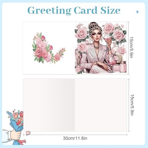 antor 6 Pack 5D Diamond Painting Greeting Cards, Elegant Woman with Floral Design DIY Diamond Art Cards with Envelopes, Handmade Rhinestone Birthday Wedding Thank You Cards for Adults