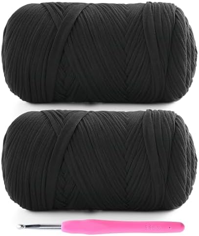 2 Pack T-Shirt Yarn for Crochet - 800 g/260 yds Elastic Fabric T-Shirt Yarn with 1 Crochet Hook (2, Black)