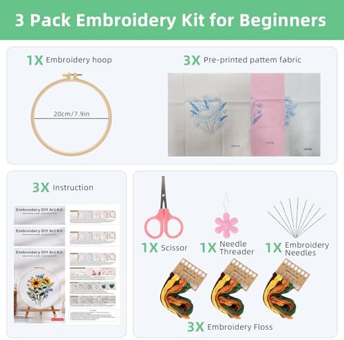 Herdiese Embroidery Kit for Beginners & Adults, 3PCS Floral Patterns.