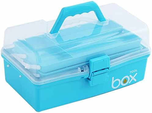 Kinsorcai 12'' Three-Layer Clear Art Box Organizer, Multipurpose Plastic Craft Box with Handle (Blue)