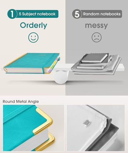 Hardcover Spiral Notebook journal with Removable Dividers Tabs, 300 Pages Leather 5 Subject Notebook College Ruled, 100GMS A5 Notebooks for Work School Note taking,Lined Journal for Women,A5-Blue