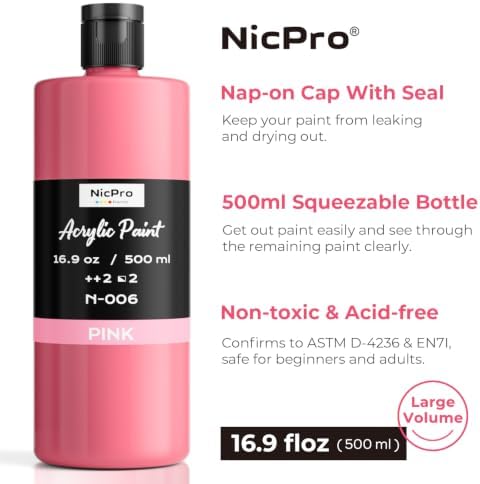 Nicpro Pink Large Acrylic Paint (16.9 oz, 500 ml), Rich Pigments, Non Toxic | Craft Paint for Multi Surface, Canvas, Wood, Leather, Fabric, Stone - Art Painting Supplies for Beginners, Artists & Adults