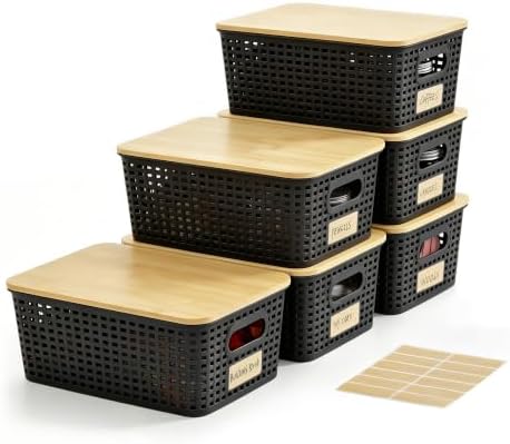Bagnizer Small Plastic Storage Bins with Bamboo Lids 5.2qt Stackable Box Basket Pantry Decorative Containers Cute with Lable for Organizing Desktop Closet Office Black of 6 packs 10 * 7.2 * 4.1"