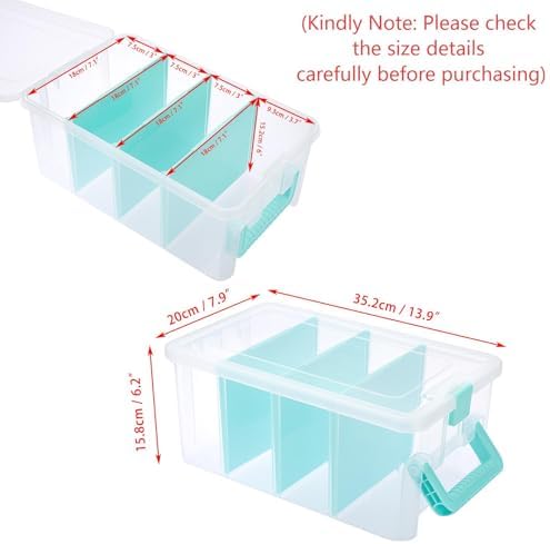 BTSKY Clear Plastic Dividing Storage Box with 4 Deep Compartment Sewing Box