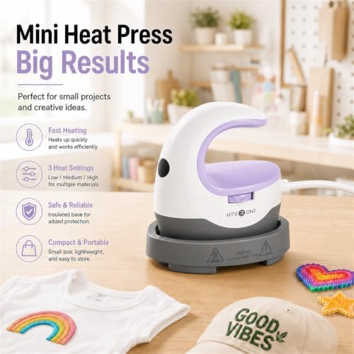 HTVRONT Heat Press Mini Heat Press Machine, Mini Iron for Crafts | Heats Up Quickly & 3 Heat Setings, Perler Beads Iron, Small Heat Press Machine for T Shirts, Hats