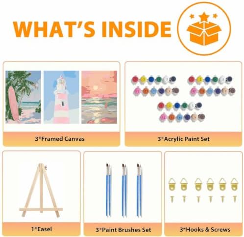 3 Pack Paint by Numbers for Adults with Framed Canvas - with Wooden Easel