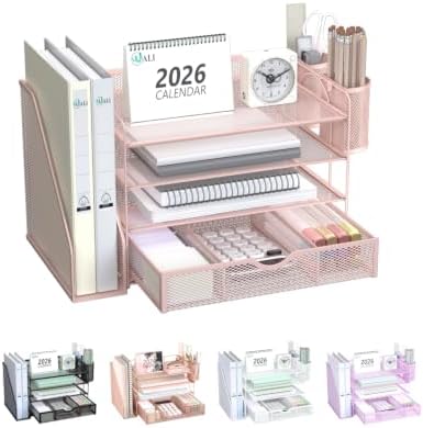 WALI Desk File Organizer, 4 Tier Desktop Paper Letter Tray Organizer with Drawer and 2 Pen Holders, Office Desk Accessories & Workspace Organizers for Office, Home Supplies(DO005DH-P), 1 Pack, Pink