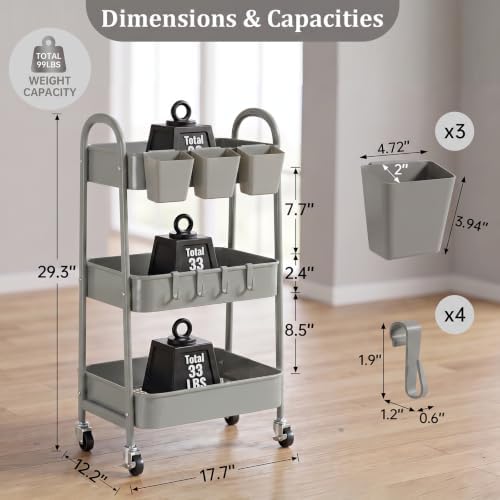 danpinera 3-Tier Rolling Cart, Metal Rolling Storage Cart with Lockable Wheels & Hanging Cups & Hooks, Mobile Trolley Cart for Kitchen, Bathroom, Office, Workshop, Gray