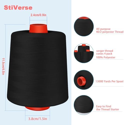 Black Sewing Thread, Serger Thread Cones 4 Pack, 40S/2-52000 Yards Black