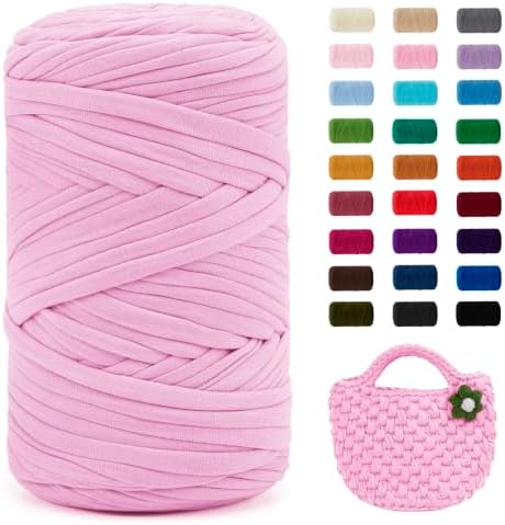 JeogYong T-Shirt Yarn, 400g/131 Yards Elastic Fabric Crochet Cloth T Shirt Yarn, Thick Hand Knitting Polyester Fabric Ribbon for Crocheting Bags/Baskets/Rugs, Home Decor, DIY Crafts (Dark Pink)