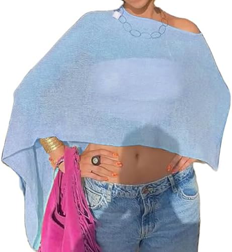 Nicoxijia Women Y2K Sheer Knit Poncho Top Lightweight Summer Beach Knit Shrug Shawl Bolero Off Shoulder Mesh Sweater Cover Up