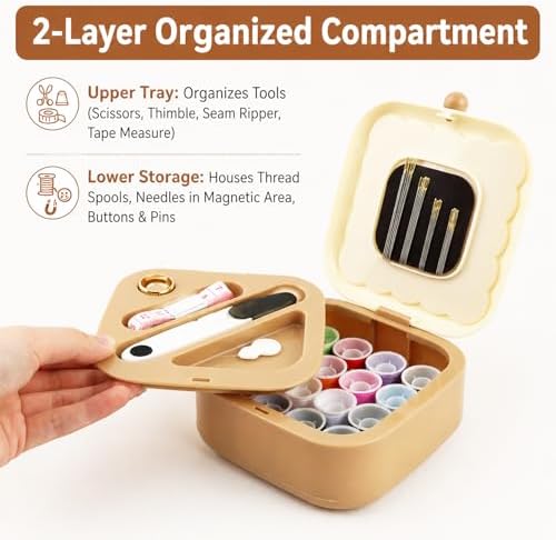Portable Sewing Kit for Adults and Beginners, 41 Pcs Needle and Thread Set with Storage Case for Clothing Repair, Buttons and Small Tears, Includes Needles, Thread, Scissors and Tape Measure, Brown