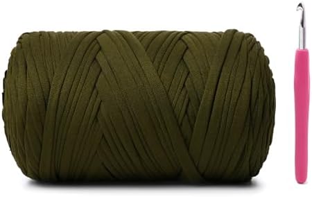 Soft Tshirt Crochet Yarn, 400g/114yds High Elastic Hand Knitting Yarns, Thick T Shirt Yarn for Crocheting Bags, Baskets, Cushions, DIY Crafts（Olive Green）