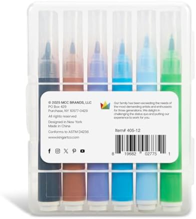 KINGART Brush Tip Watercolor Illustration Markers With Case, 12 Colors, Wide Barrel for Easy Hold, Water-based Non-Toxic Ink, Soft Flexible Tip for Graphic, Sketch, Comic Art, Manga & Lettering
