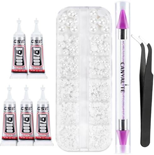 Canvalite Flatback Nail Pearls for Crafting, Multiple Sizes Half Pearls with 5Pcs B7000 Jewelry Glues & Picker Tools Bedazzling Bead for DIY Crafts Clothing Tumblers Shoes Decors Nail Art