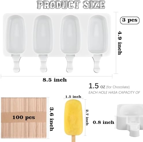 Sakolla 3 Pcs 4 Cavity Mini Popsicle Silicone Molds with 100 Wooden Sticks