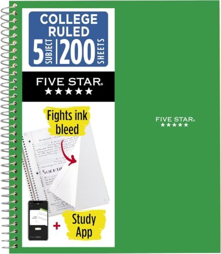 Five Star Spiral Notebook + Study App, 5 Subject, College Ruled Paper, 8-1/2" x 11", 200 Sheets, Fights Ink Bleed, Water Resistant Cover, Forest Green (72079) (Pack of 6)