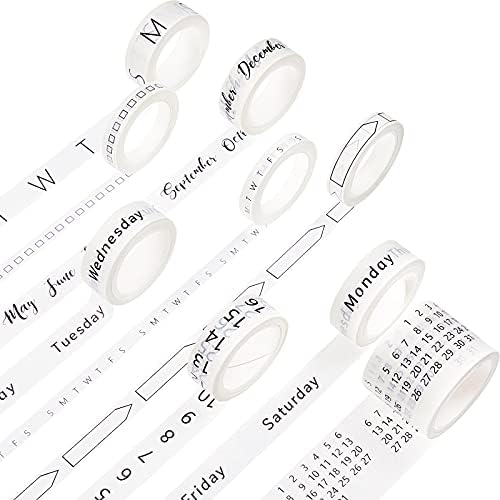 Chuangdi 9 Rolls Calendar Washi Tape Set,White | Vintage Day Week Month Date Number Calendar Washi for Journaling, Planner Decoration, Journal Labels, Arts Crafts
