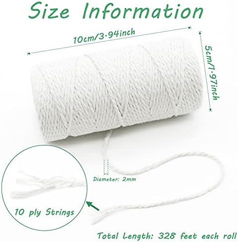 Benvo 656 Feet Cooking Twine Kitchen Cotton String 2mm Bakers Twine Natural Jute Twine 2 Ply String Rope Cord Wrapping, Ornaments, Baking, Butchers, Sausage, DIY Arts and Crafts-White