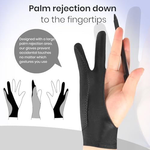 Artist Drawing Glove: 3-Layer Palm Rejection for iPad & Drawing Tablets | Smooth-Glide & Breathable for Digital Art & Paper Sketching, Two-Finger Design, Fits Left & Right Hand, 2-Pack+Cleaning Cloth