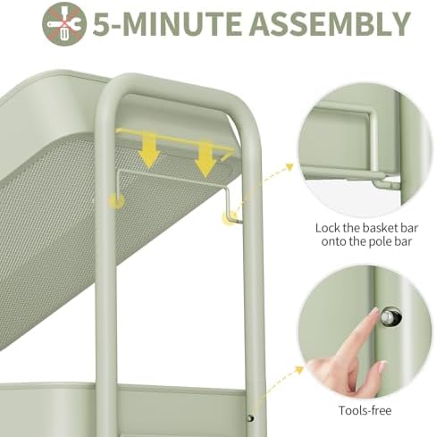 TOOLF 4 Tier Rolling Cart, Metal Utility Storage Cart with Pegboard, Green | 2 Bins & 4 Hooks, Screwless Assembly, Lockable Wheels, Trolley Organizer for Bathroom, Kitchen, Office, Dorm, Craft Room