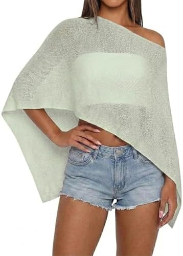 Women Sheer Knit Poncho Top Beach Cover Up Lightweight Crochet Shrug Y2k Summer See Through Shawl