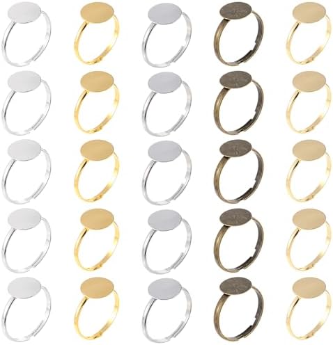 50Pcs Ring Blanks for Jewelry Making Supplies Adjustable Flat Ring Base, 12mm Rings Blanks Jewelry Findings, Silver Gold Rose Gold Black Craft Rings