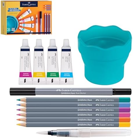 Faber-Castell Try It Box: Wet Mediums, 13 Piece Watercolor Art Set including Watercolor Pencils & Paint, Water Brush Pen and Paint Water Cup