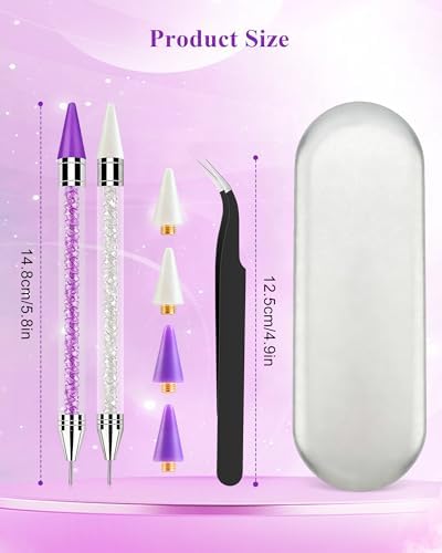 Rhinestone Picker Tool, Wax Pencil for Rhinestones Tool, Dual-ended DIY Nail Bedazzling Tools With 2 Extra Purple and 2 Extra White Replaceable Wax Head and 1 Tweezer(Purple and White)