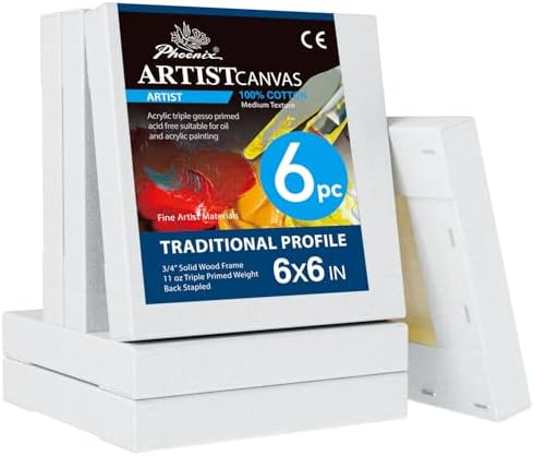 PHOENIX 6x6 Inch 6 Pack Artist Canvas - Small Square Stretched Canvases for Painting - 3/4 Inch Profile, 100% Cotton 11 Oz. Gesso Primed White Blank Professional Canvas Oil & Acrylic Paints