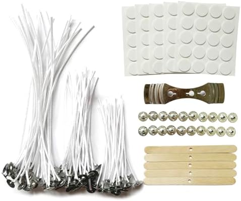 30Pcs Candle Wicks 4 Inch,40Pcs Candle Wicks 6Inch,30Pcs Candle Wicks 8 Inch,100pcs Candle Wick Stickers,Candle Wick Centering Device,20 Pcs Metal Sustainer Tabs,5pcs Candle Wick
