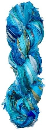 Maker's Craft Recycled Fuzzy Fringes Sari Silk Ribbon Yarn 35yards, 100Grams for DIY Knitting Crocheting Gift Wrapping, Christmas Decoration, Macrame Makers, Jewelry Making, Rugs Hooking (Aqua)