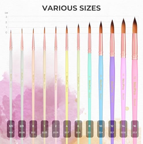Nicpro 12pcs Round Watercolor Brushes, Aesthetic Pastel Paint Brush Set