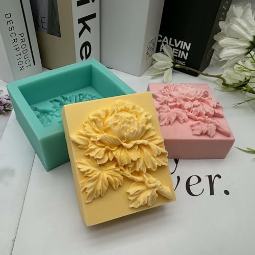 3D Peony Soap Mold Rectangle Delicate Flower Silicone Soap Molds for Soap Bar Making Lotion Bar Scented Candle Aromatherapy Plaster Mould Cake Decoration Fondant Ice Cube Moulds
