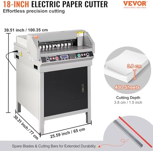 VEVOR Electric Hydraulic Paper Cutter, Heavy Duty Paper Cutter Machine, 1.57 in / 40 mm Cutting Thickness, 18 in / 457.2 mm Cutting Width, Industrial Paper Trimmer with Button Control