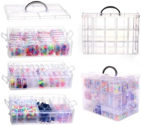 VTG Bead Organizer Box, 56 Pcs Small Plastic Containers with Lids and 3-Tier Stackable Storage Box, Clear Organizers for Jewelry Toys Craft Storage